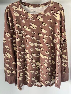 Wonderly Brown Cream Long Sleeve Abstract Side Split Tunic Top L NWT Casual